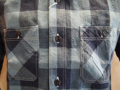 画像1: シュガーケーン　コットン×リネン　インディゴダンガリー　ブロックチェック　ワークシャツ